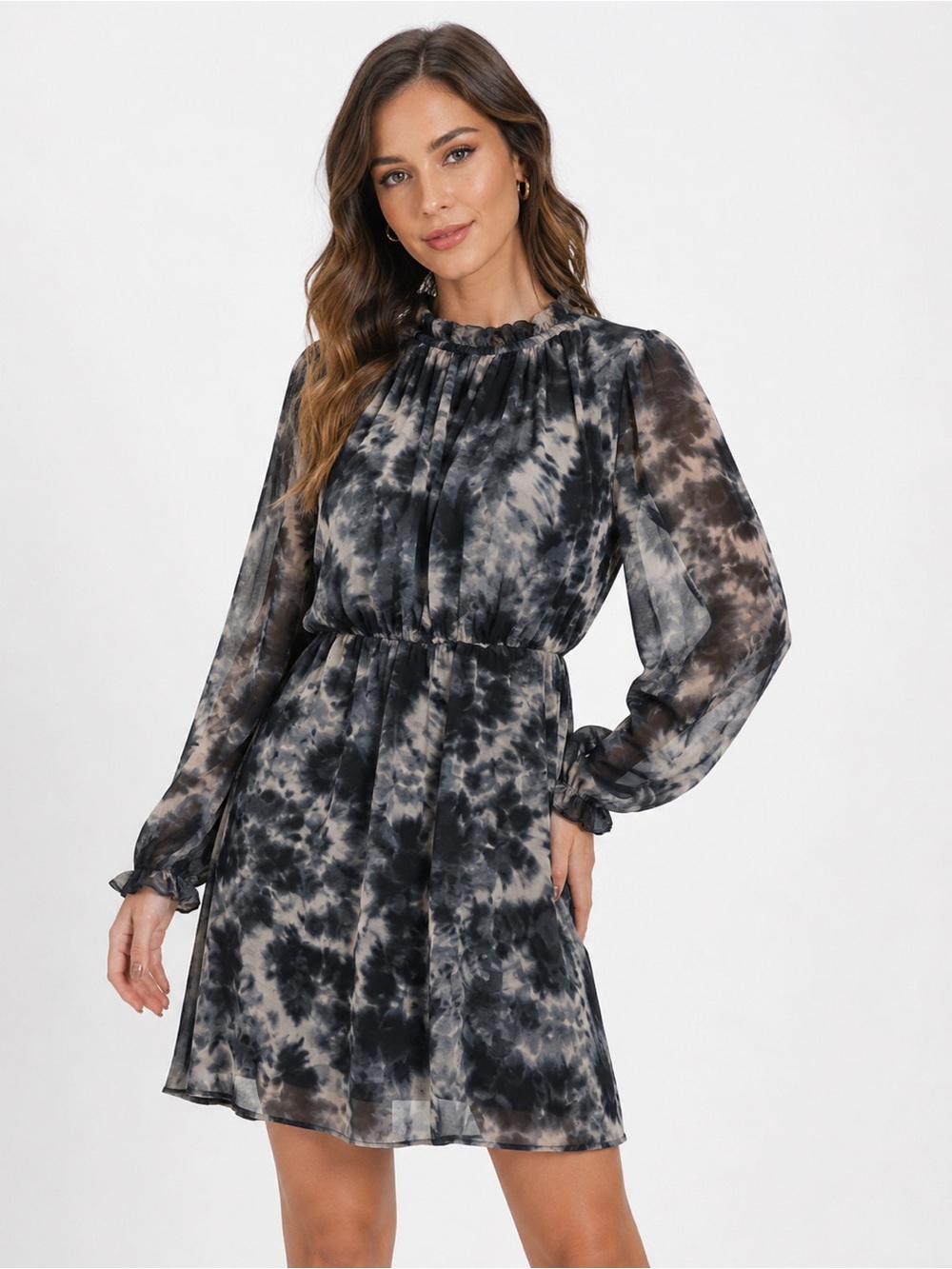 Calvin Klein Black & Gray Tie-Dye Long Sleeve Mini Dress